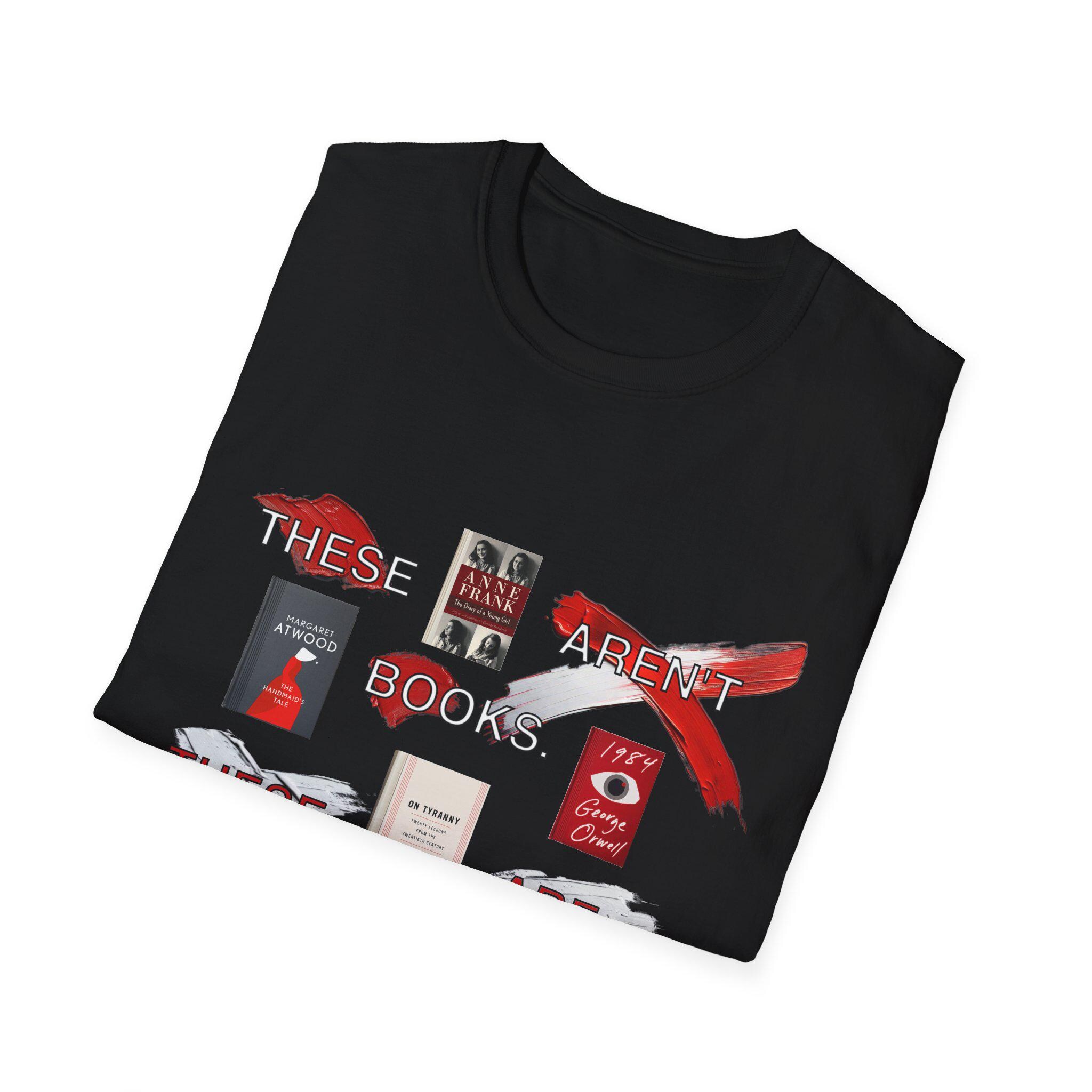 Literary Warning Unisex Softstyle T-Shirt, Book Lover Gift, Radical Book Covers Tee, Fahrenheit 451, 1984, Animal Farm, Handmaid&#39;s Tale, - View 4