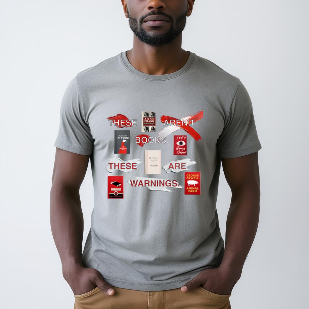 Literary Warning Unisex Softstyle T-Shirt, Book Lover Gift, Radical Book Covers Tee, Fahrenheit 451, 1984, Animal Farm, Handmaid's Tale,
