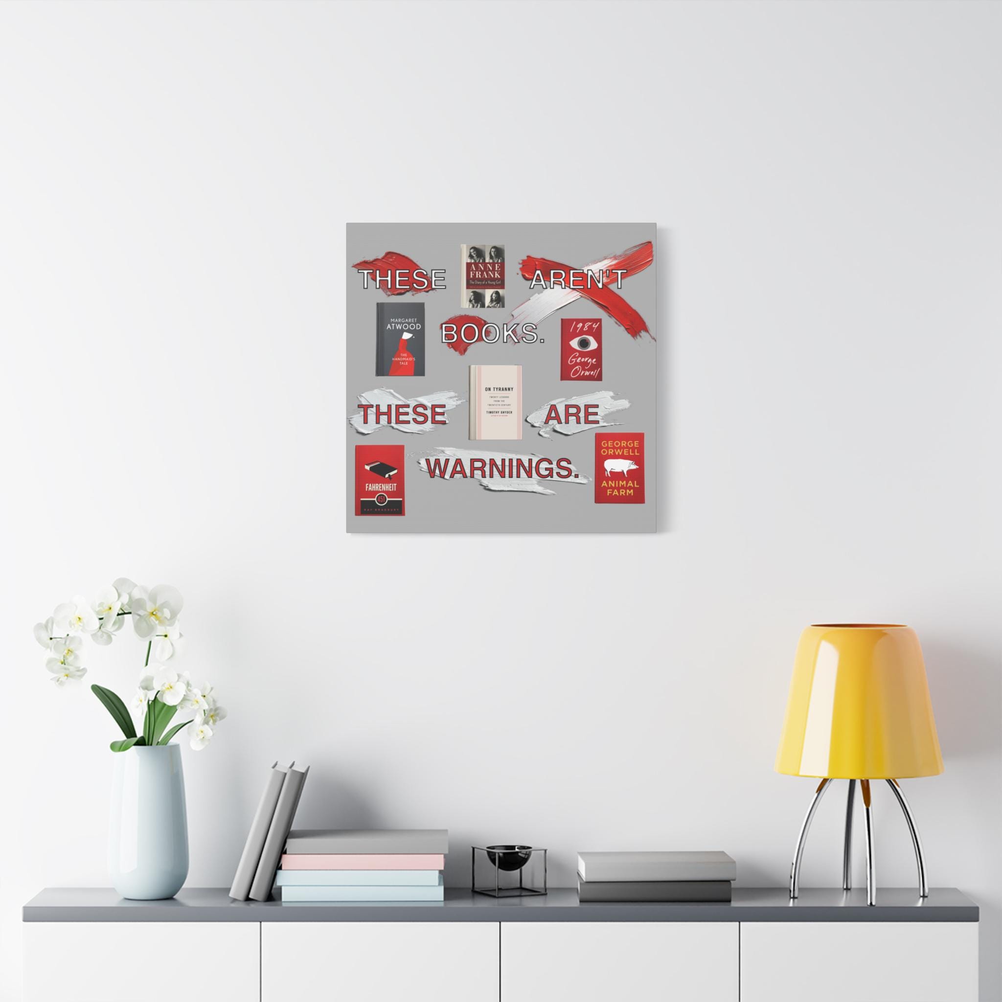 Literary Warning Matte Canvas, Stretched, 1.25&quot; Book Lover Gift, Radical Book Covers Tee, Fahrenheit 451, 1984, Animal Farm, Handmaid&#39;s Tale - View 2