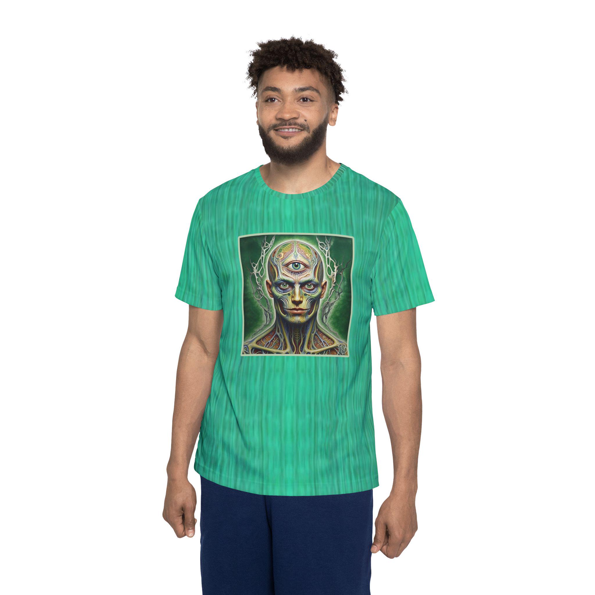 Green Third Eye Person Men&#39;s Sports Jersey, Tool-Inspired Psychedelic Art Clothing, Alex Grey Tee, Trippy Concert Shirt, Music Festival Gear - View 4