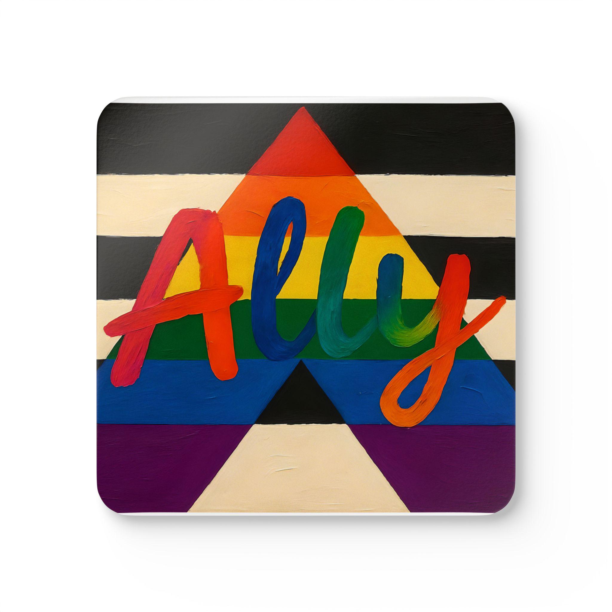 Ally Pride Coaster Set, LGBTQ+ Pride, Support Love, Straight Ally Flag, Rainbow Pride Month Gift, Painted Brush Style Cap
