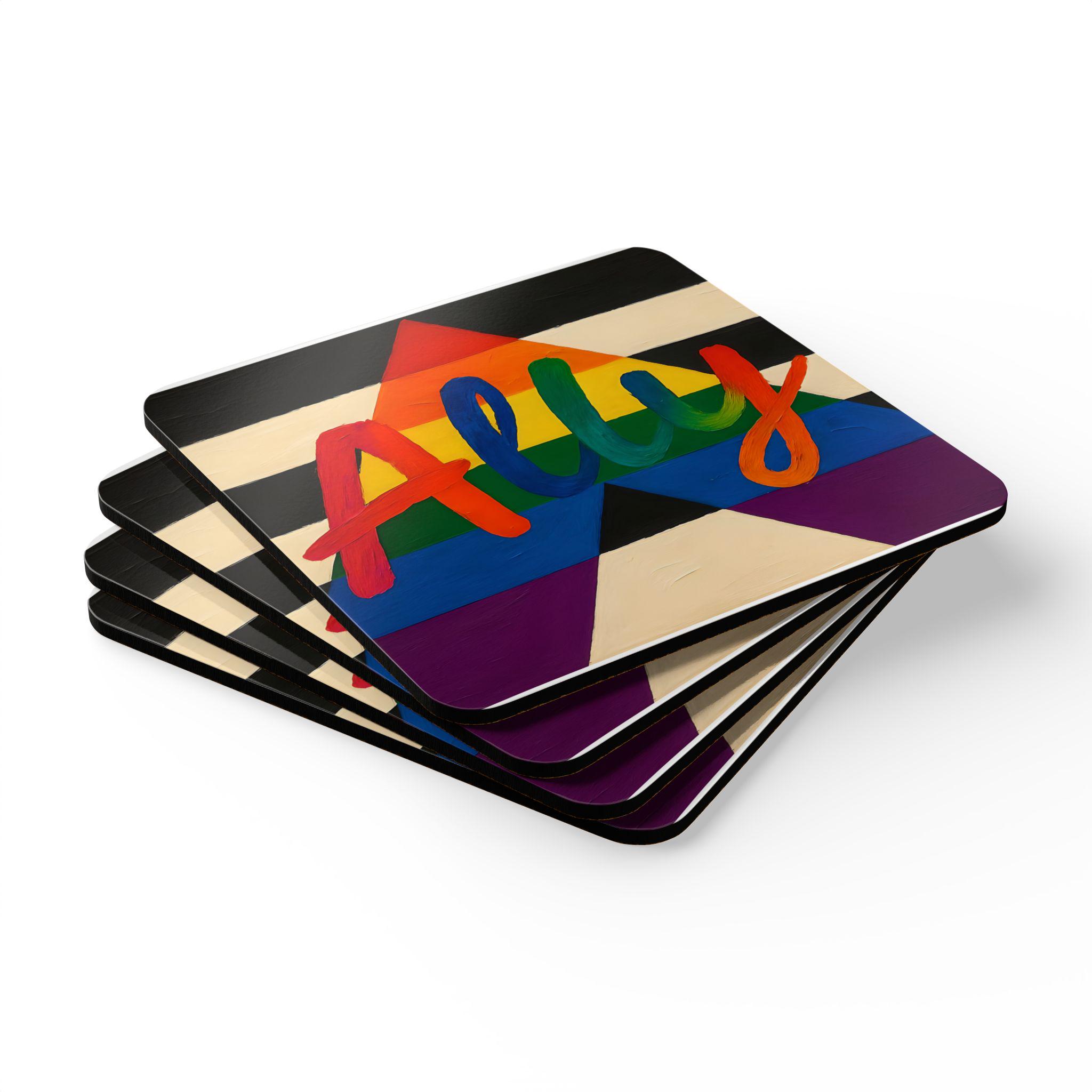 Ally Pride Coaster Set, LGBTQ+ Pride, Support Love, Straight Ally Flag, Rainbow Pride Month Gift, Painted Brush Style Cap - View 2