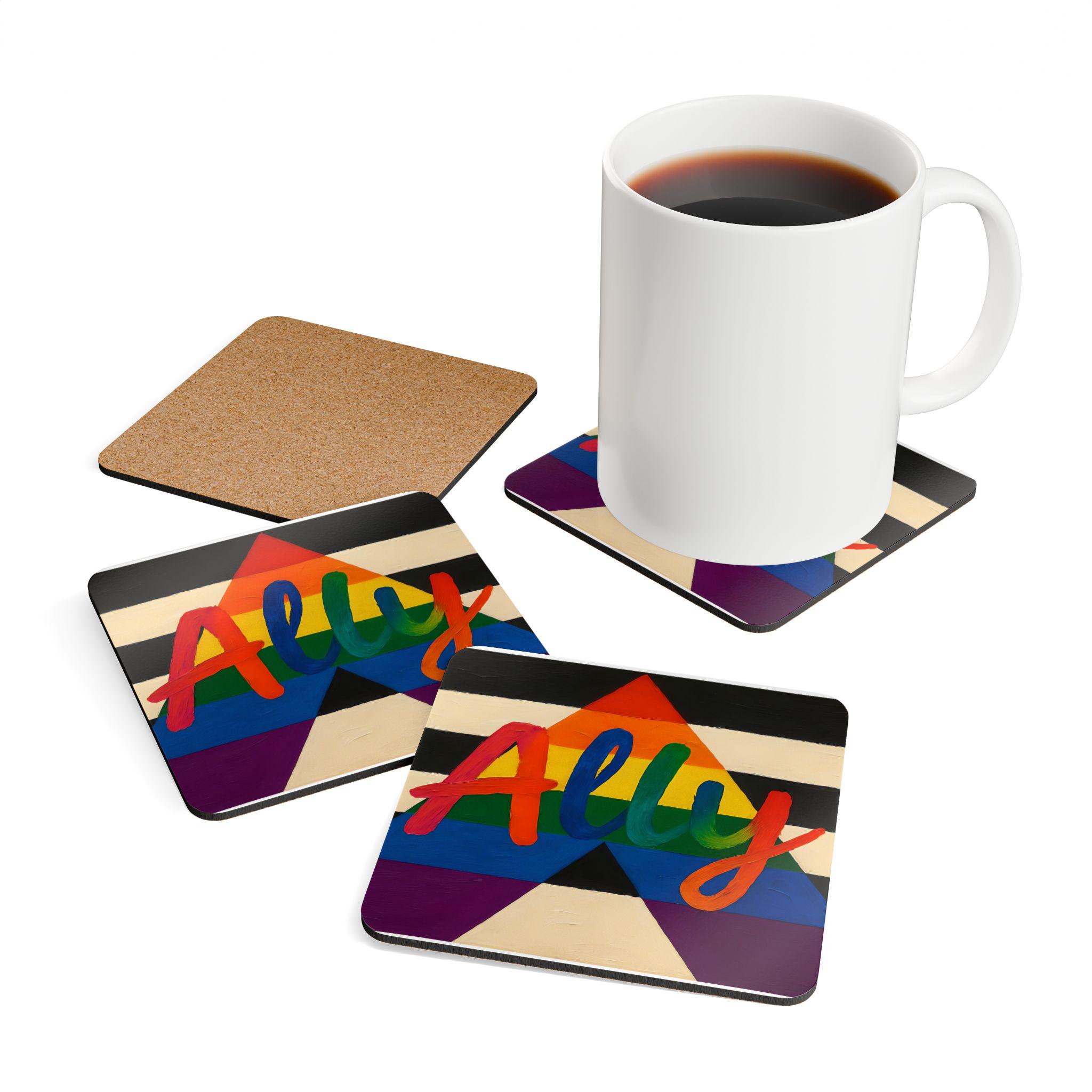 Ally Pride Coaster Set, LGBTQ+ Pride, Support Love, Straight Ally Flag, Rainbow Pride Month Gift, Painted Brush Style Cap - View 3