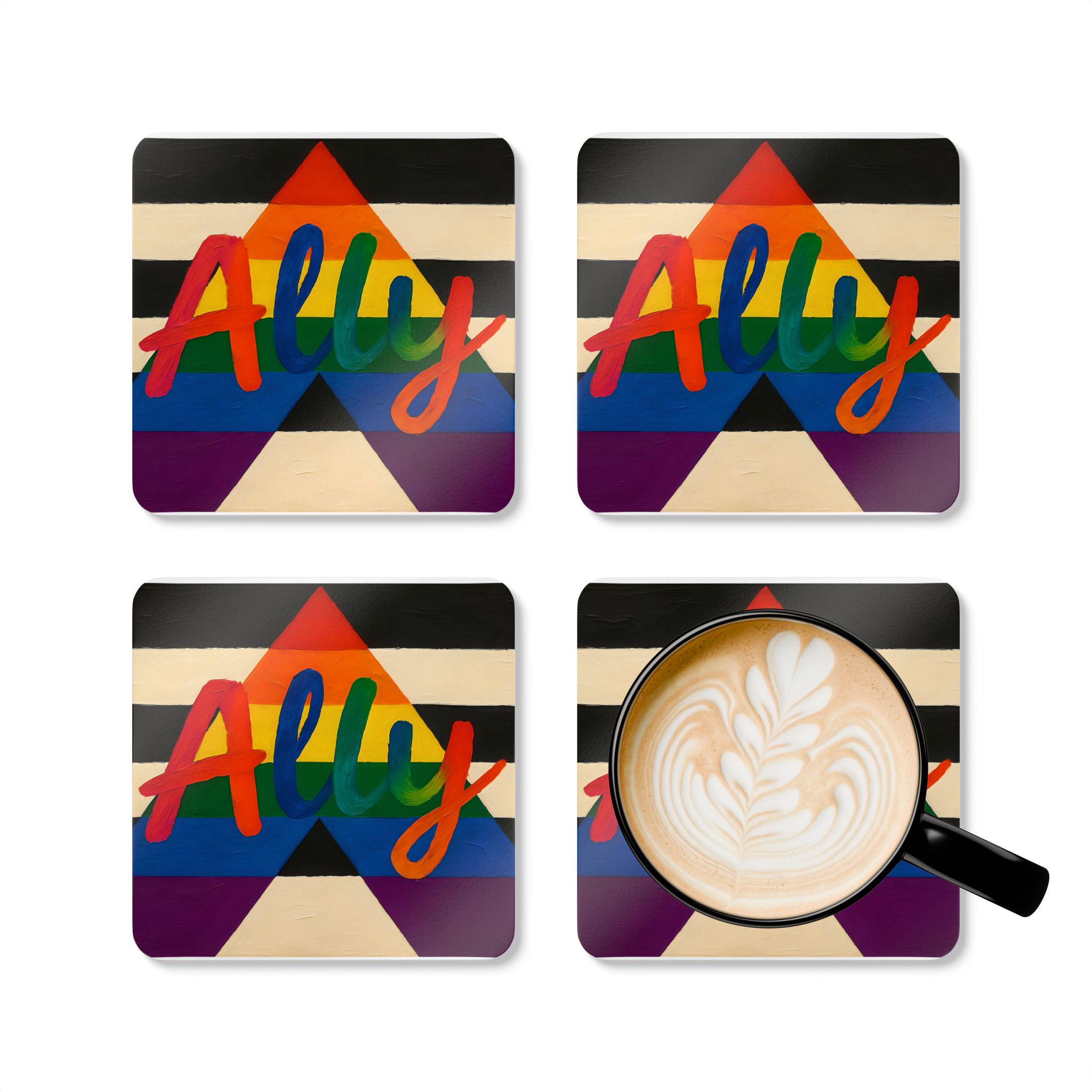 Ally Pride Coaster Set, LGBTQ+ Pride, Support Love, Straight Ally Flag, Rainbow Pride Month Gift, Painted Brush Style Cap - View 4