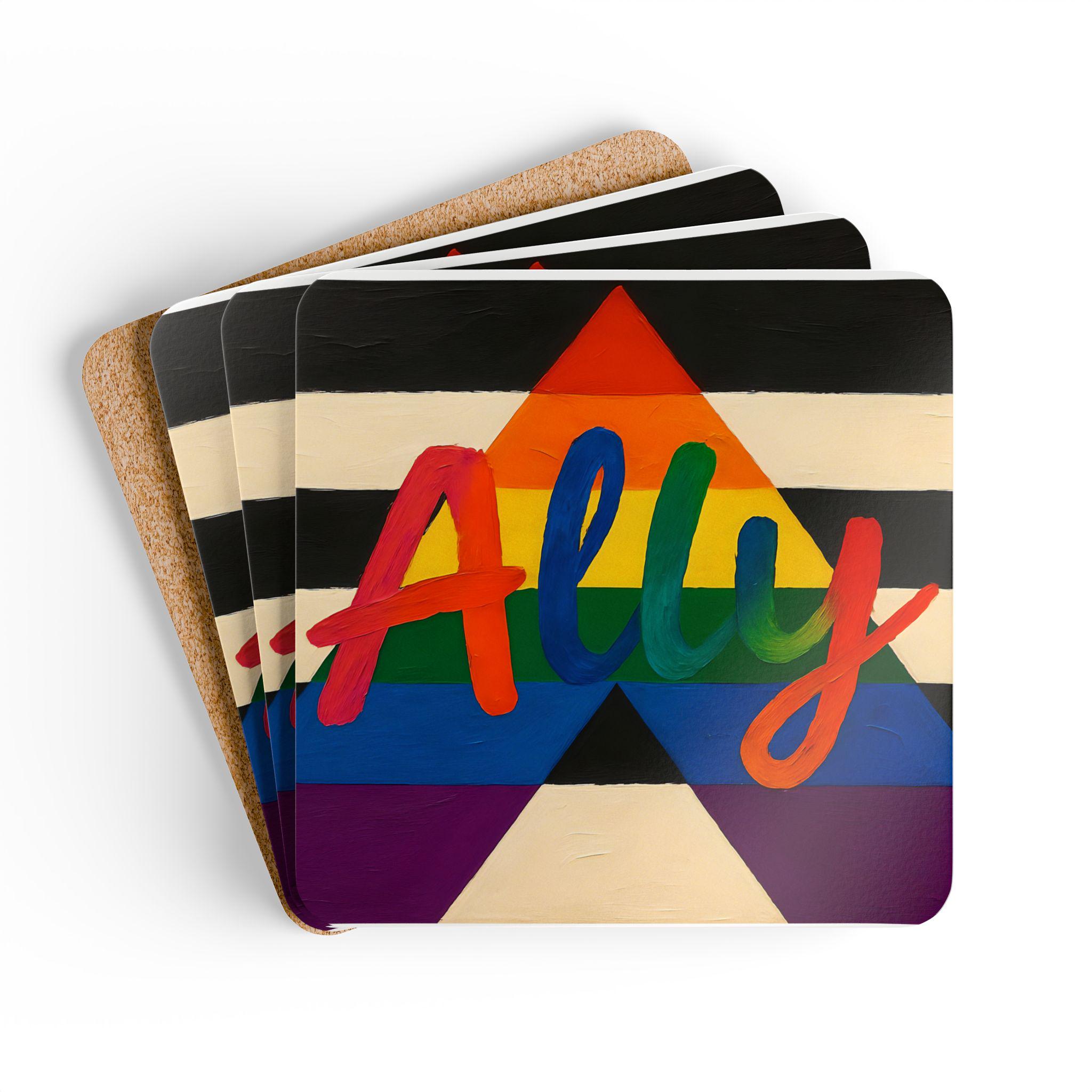 Ally Pride Coaster Set, LGBTQ+ Pride, Support Love, Straight Ally Flag, Rainbow Pride Month Gift, Painted Brush Style Cap - View 5
