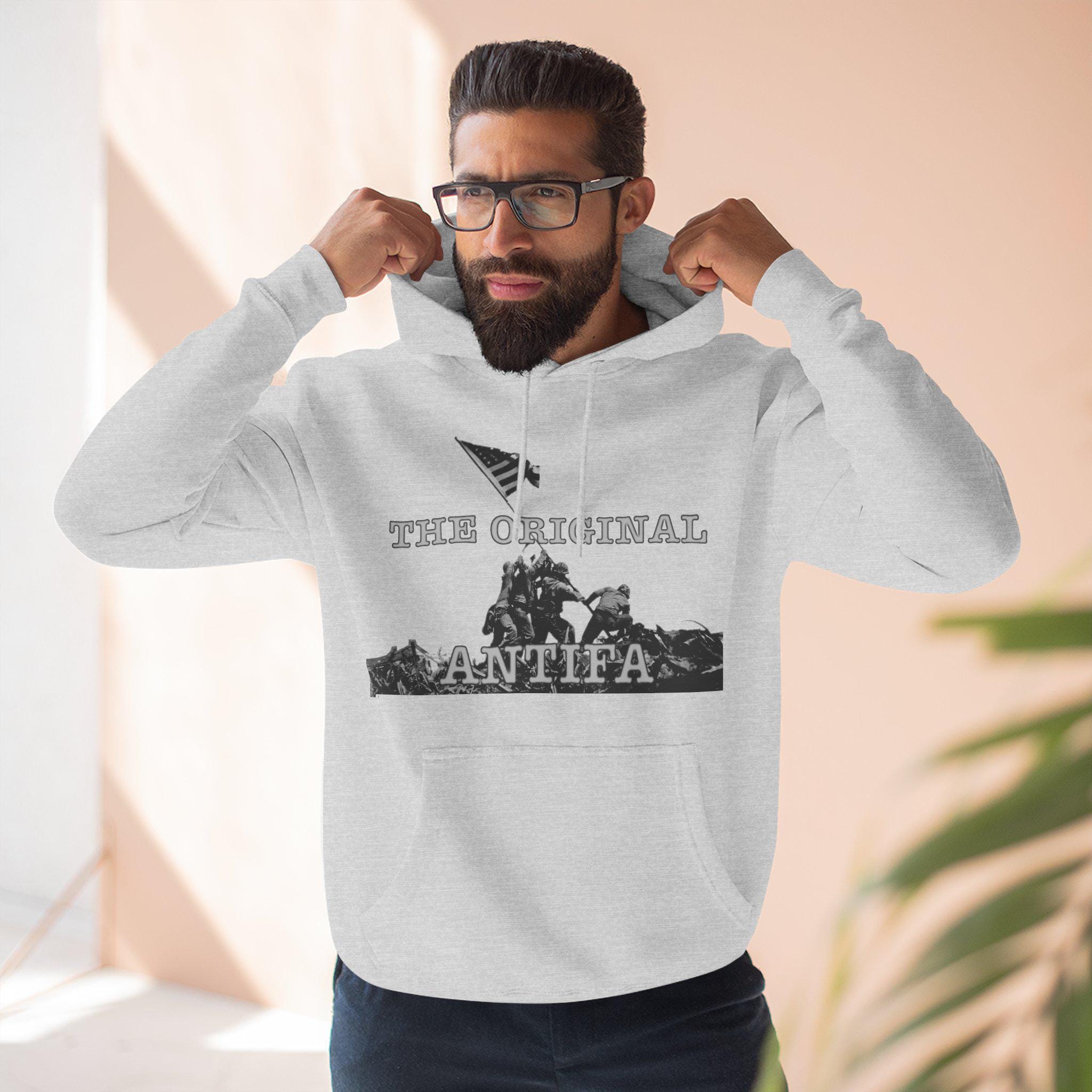 Three-Panel Fleece Hoodie - WWII Iwo Jima Flag Raising - "The Original Antifa" | Patriotic Military History | Veterans Gift Unisex