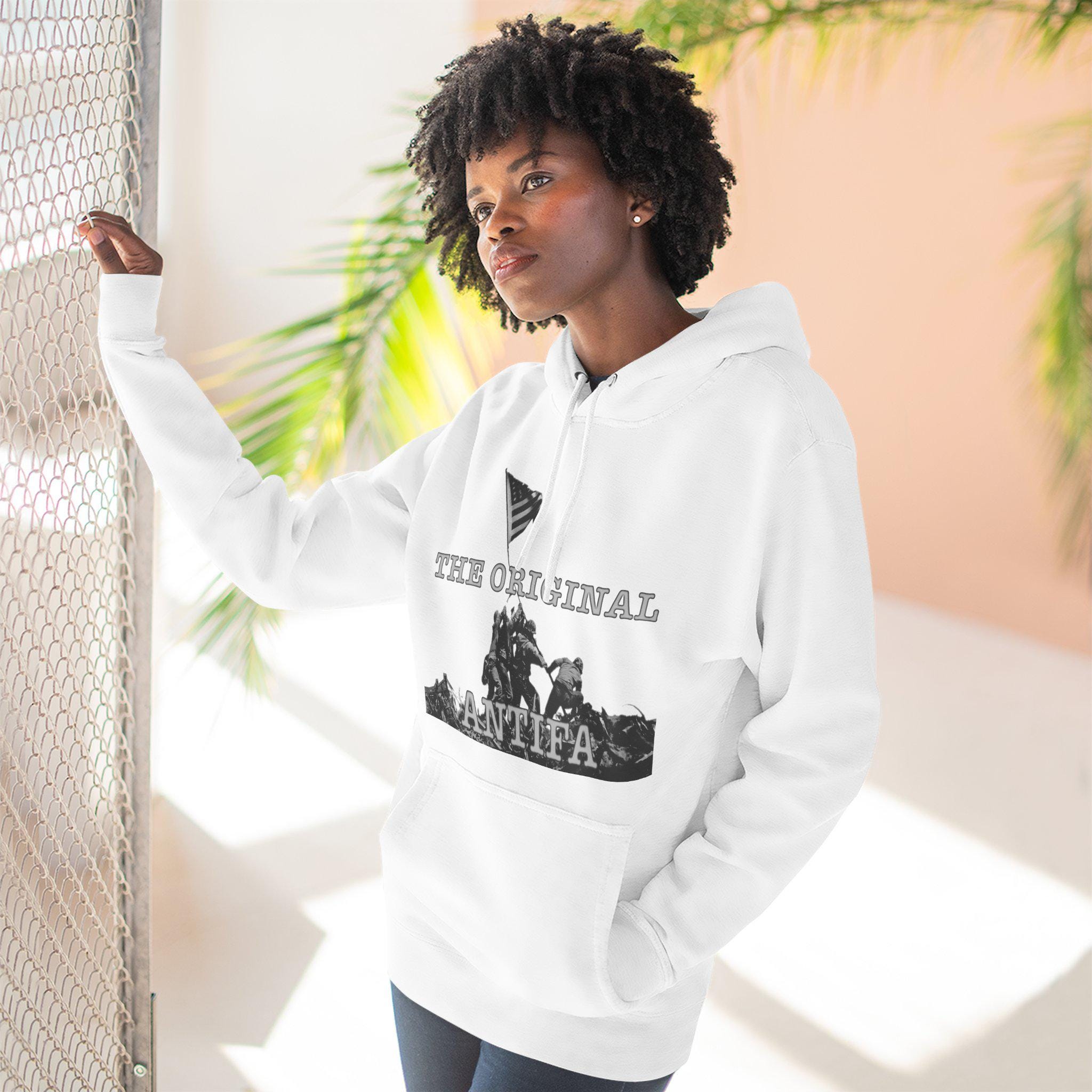 Three-Panel Fleece Hoodie - WWII Iwo Jima Flag Raising - &quot;The Original Antifa&quot; | Patriotic Military History | Veterans Gift Unisex - View 2